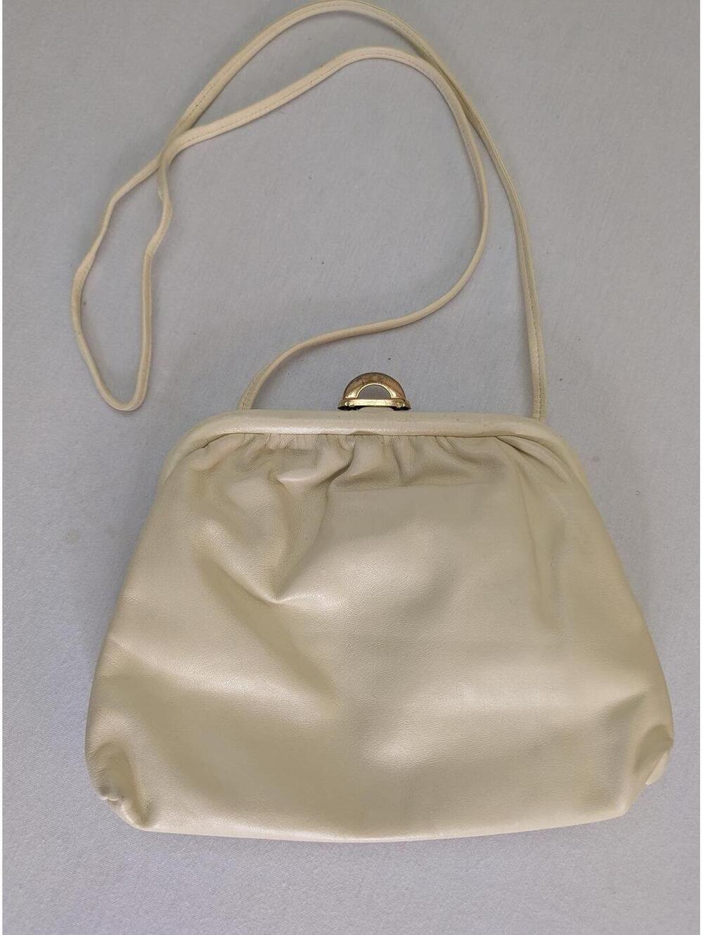 Vintage Cream Leather Crossbody Bag with Gold Clasp